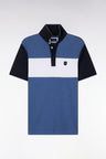 Slim-fit short-sleeved polo shirt in blue stretch cotton with contrasted stripe