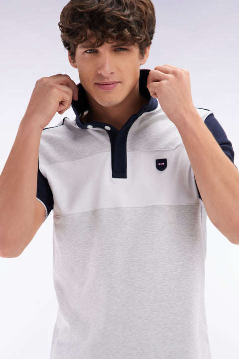 Slim-fit short-sleeved polo shirt in grey stretch cotton with contrasted stripe - Image 3