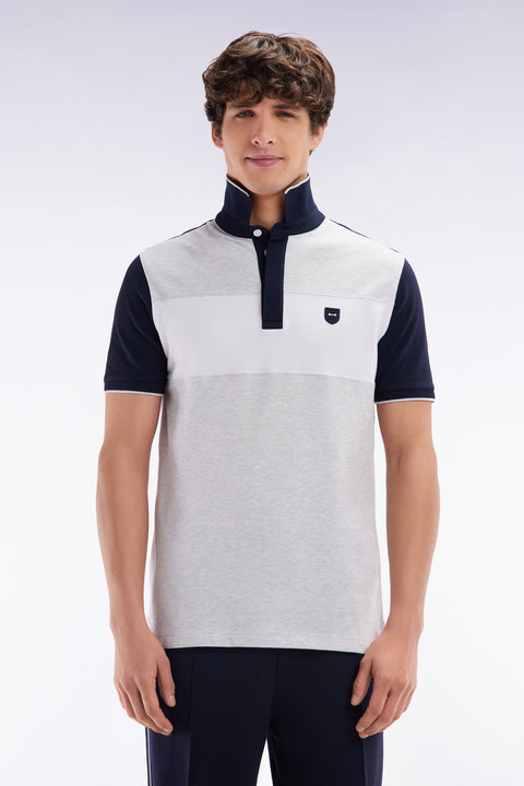Slim-fit short-sleeved polo shirt in grey stretch cotton with contrasted stripe - Image 1