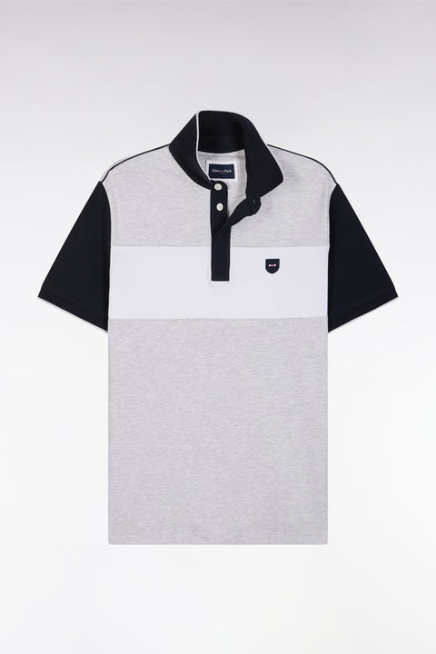 Slim-fit short-sleeved polo shirt in grey stretch cotton with contrasted stripe - Image 2