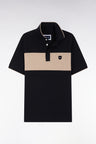 Slim-fit short-sleeved polo shirt in black stretch cotton with contrasted stripe