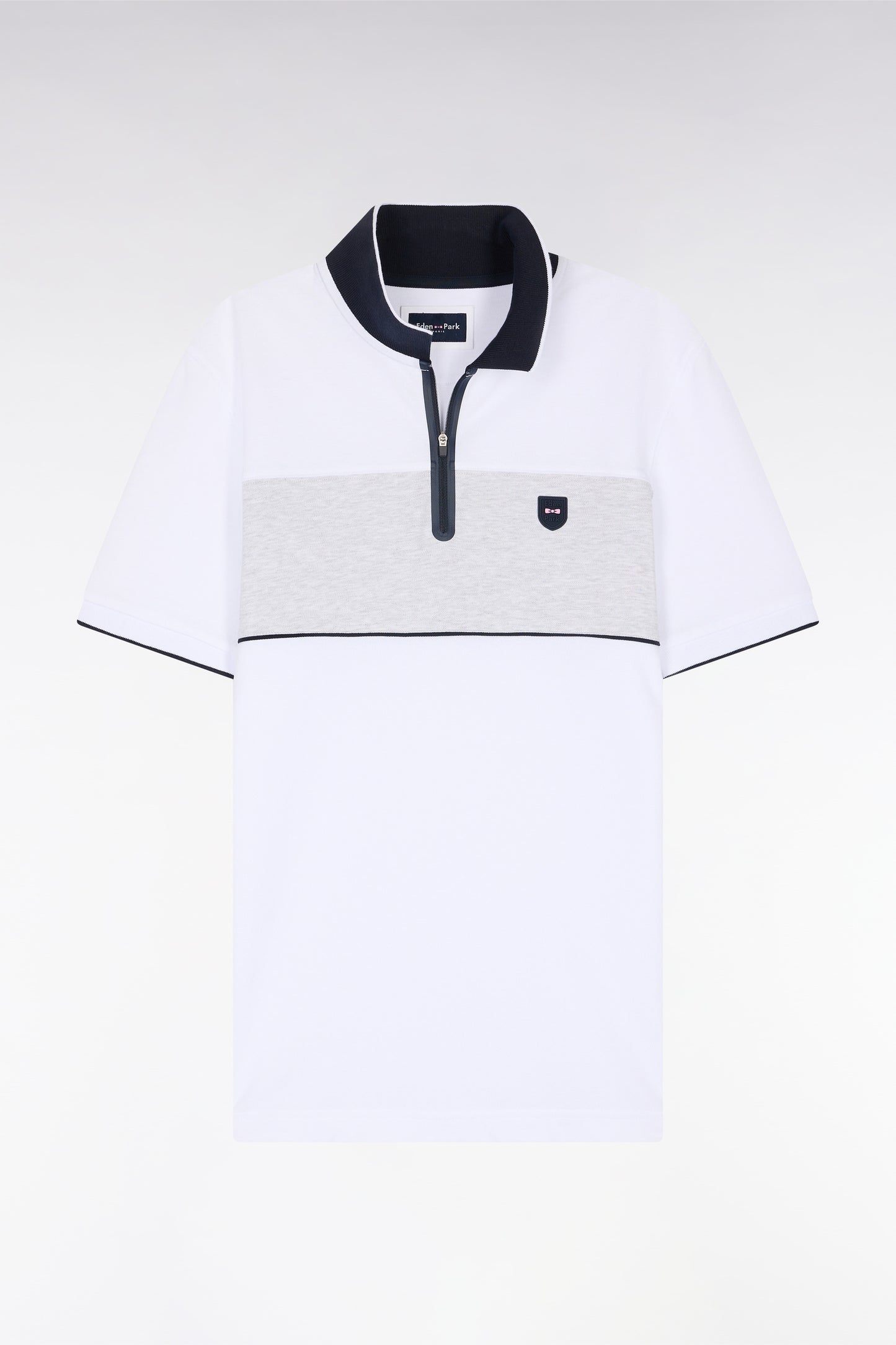 Slim-fit short-sleeved polo shirt in white stretch mottled cotton piqué with contrasting accents