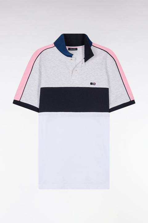 Polo à manches courtes en coton tricolore blanc marine et gris coupe droite - Image 2
