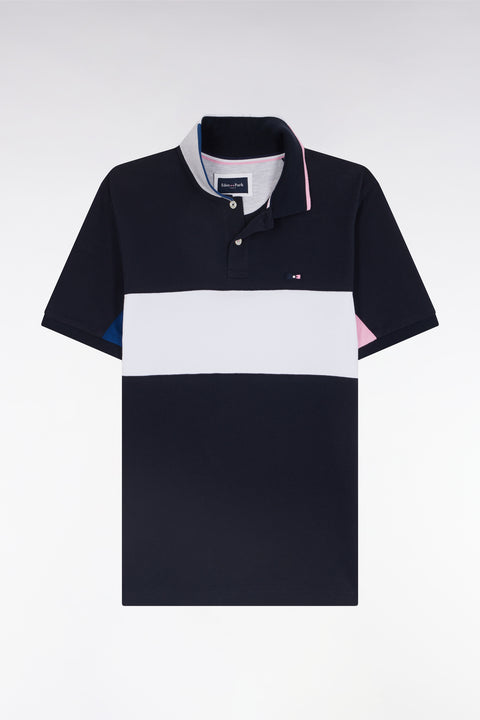 Polo à manches courtes colorblock en coton marine détails roses et blancs coupe droite - Image 2