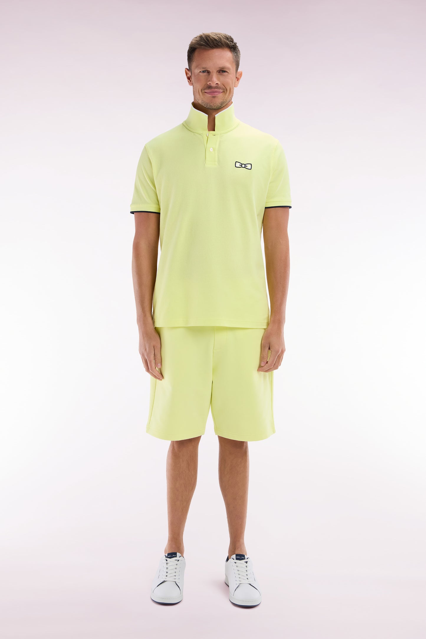 Relaxed-fit short-sleeved polo shirt in yellow cotton with tone-on-tone embroidery