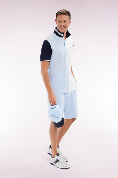 Relaxed-fit two-tone sky blue and white short-sleeved cotton polo shirt - Image 3