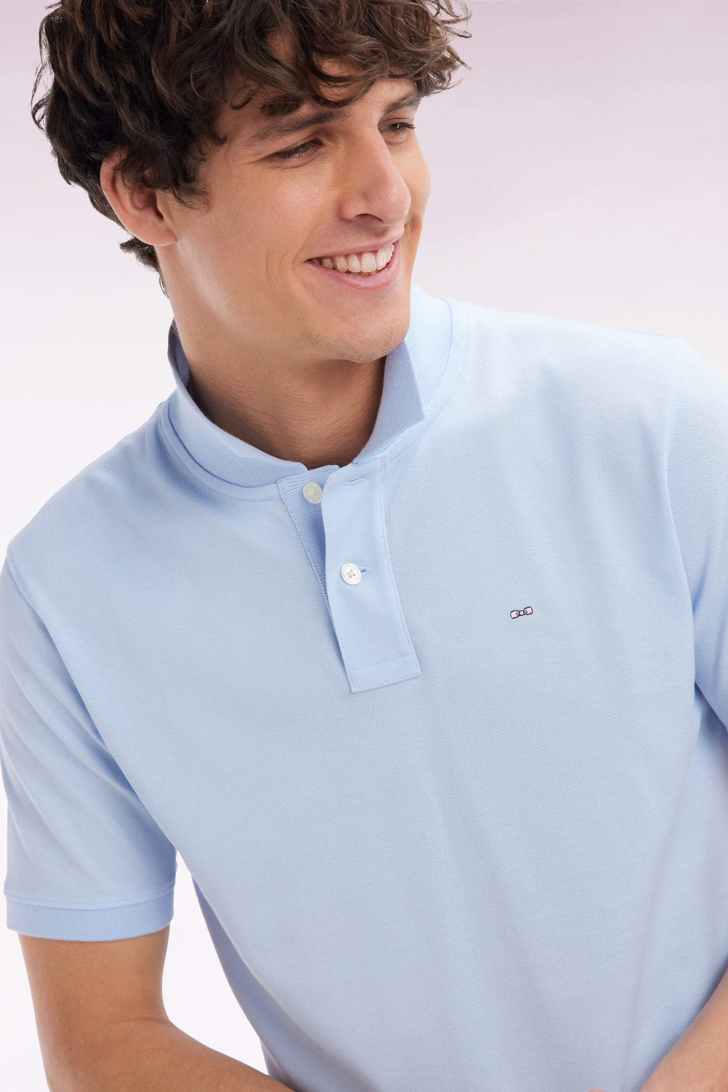 Straight-fit short-sleeved polo shirt in sky blue Pima cotton