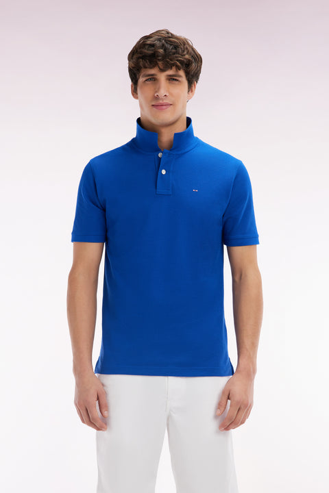 Straight-fit short-sleeved polo shirt in dark blue Pima cotton - Image 1