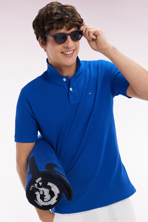 Straight-fit short-sleeved polo shirt in dark blue Pima cotton - Image 3