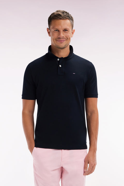 Straight-fit short-sleeved polo shirt in black Pima cotton - Image 1