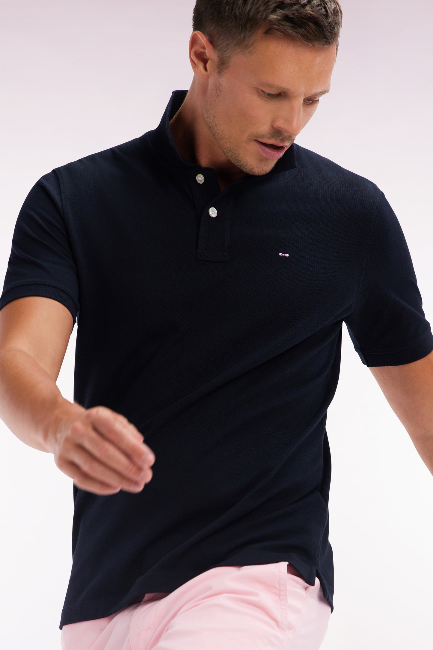 Straight-fit short-sleeved polo shirt in black Pima cotton