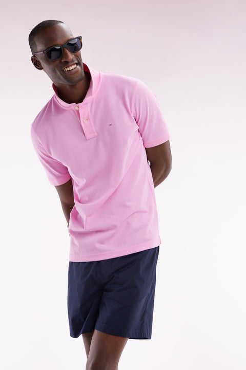 Straight-fit short-sleeved polo shirt in pink Pima cotton - Image 3