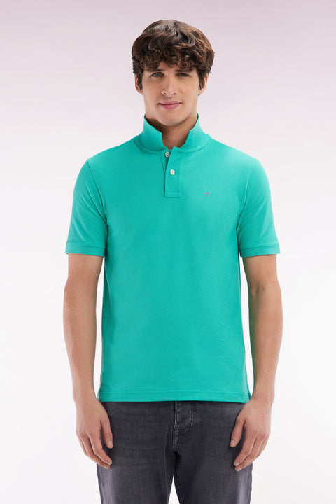 Straight-fit short-sleeved polo shirt in green Pima cotton - Image 1
