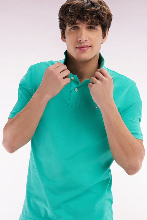 Straight-fit short-sleeved polo shirt in green Pima cotton - Image 3