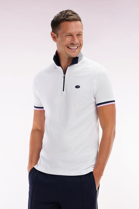 Slim-fit short-sleeved polo shirt in white stretch cotton with zipped collar - Image 3