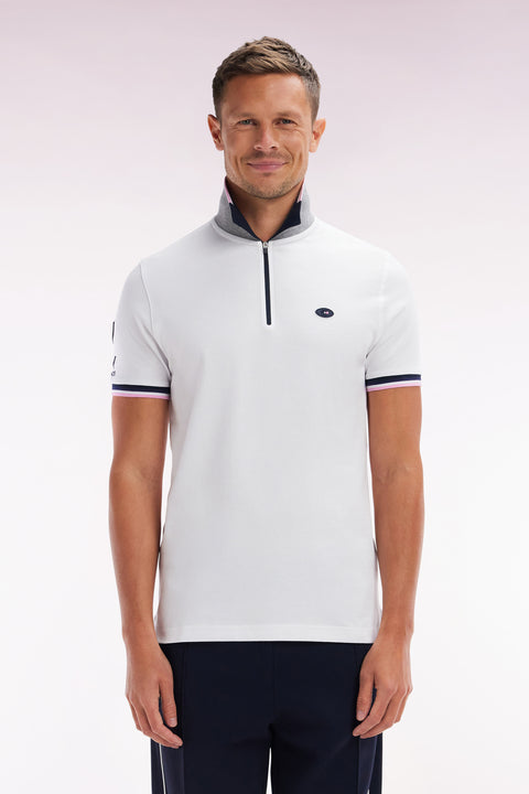 Slim-fit short-sleeved polo shirt in white stretch cotton with zipped collar - Image 1