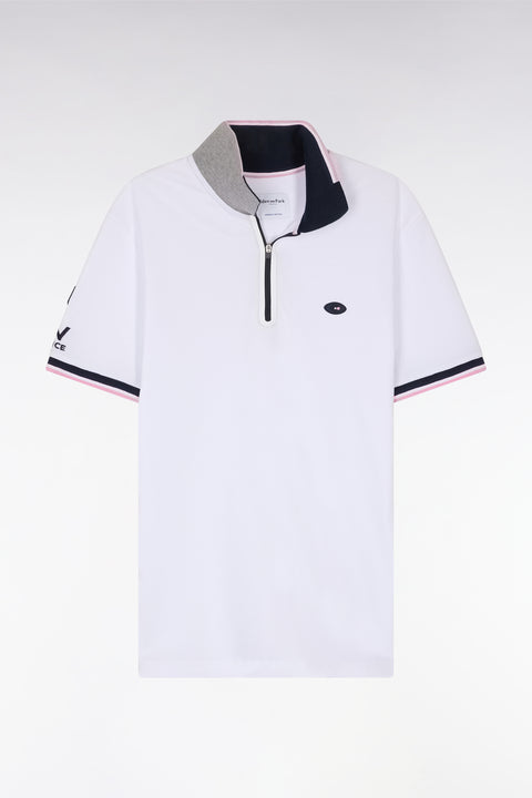 Slim-fit short-sleeved polo shirt in white stretch cotton with zipped collar - Image 2