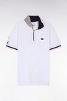 Slim-fit short-sleeved polo shirt in white stretch cotton with zipped collar