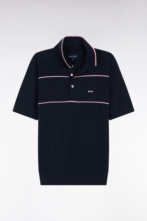 Pull manches courtes à col polo en coton marine et rose coupe droite - Image 2