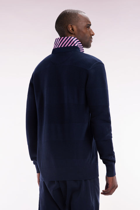 Straight-fit navy cotton jersey collar jumper with striped details - Image 3