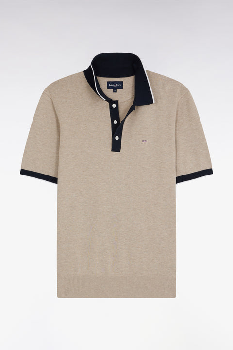 Straight-fit short-sleeved polo collar jumper in beige cotton - Image 1