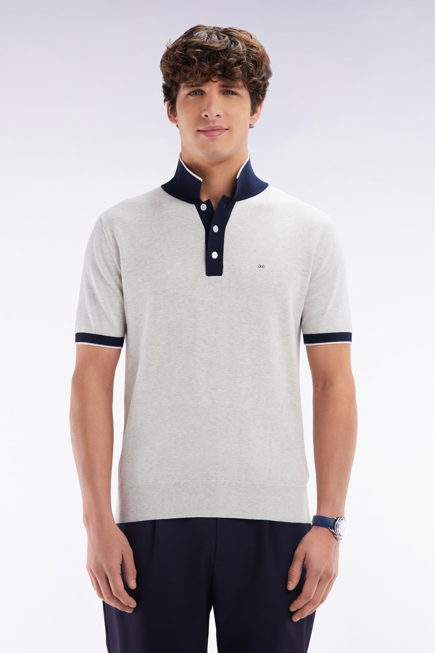 Straight-fit short-sleeved polo collar jumper in grey cotton