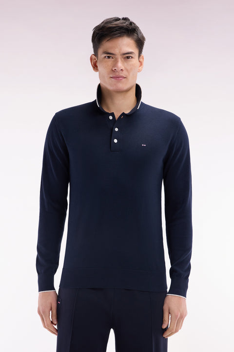 Pull col polo en coton marine et gris coupe droite - Image 1