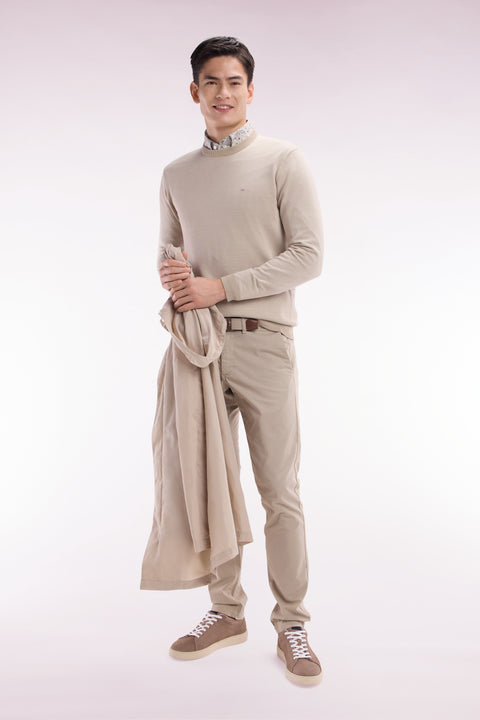 Straight-fit round neck cotton jumper in beige cotton - Image 3