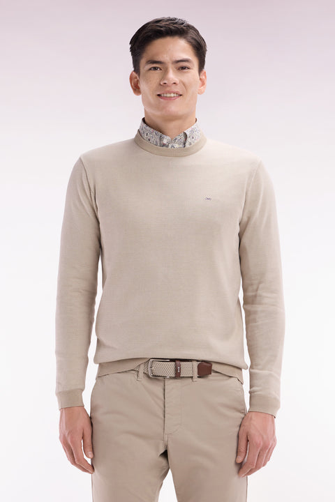 Straight-fit round neck cotton jumper in beige cotton - Image 1