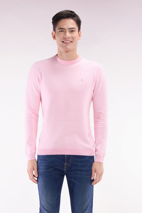 Straight-fit round neck cotton jumper in pink cotton - Image 1