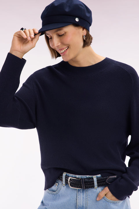 Pull col rond côtelé marine coupe décontractée - Image 1