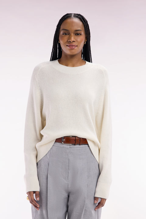 Pull col rond côtelé écru coupe décontractée - Image 3