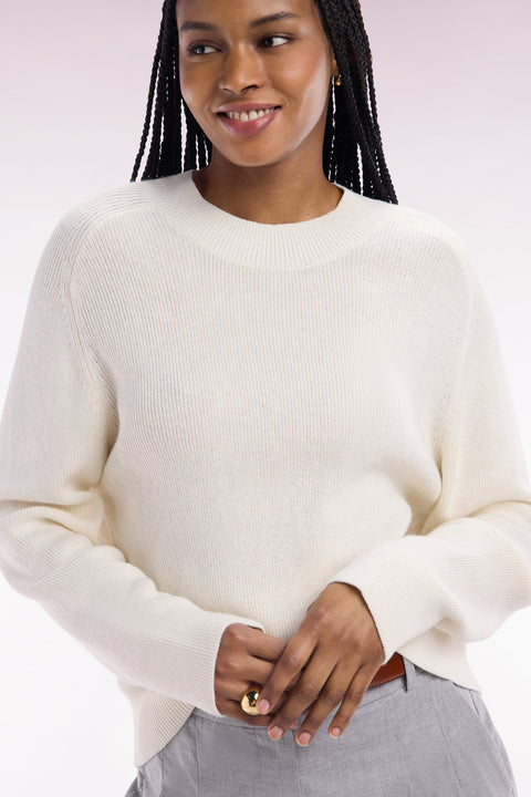 Pull col rond côtelé écru coupe décontractée - Image 1