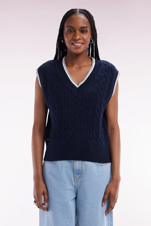 Pull sans manches en coton torsadé bleu marine coupe décontractée - Image 3