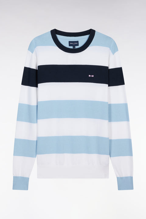 Pull col rond cerclé en coton ciel et blanc - Image 2