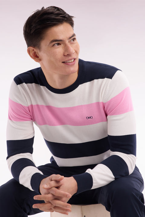 Round collar striped jumper in navy and white cotton - Image 3
