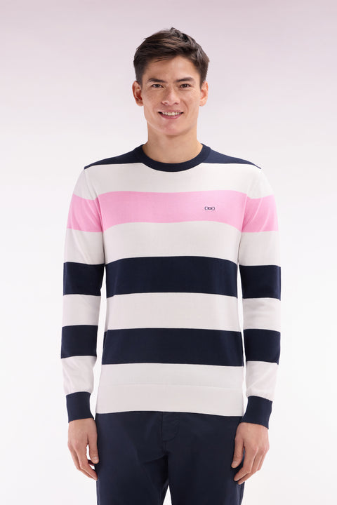 Round collar striped jumper in navy and white cotton - Image 1
