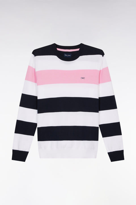 Round collar striped jumper in navy and white cotton - Image 2