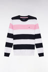 Round collar striped jumper in navy and white cotton