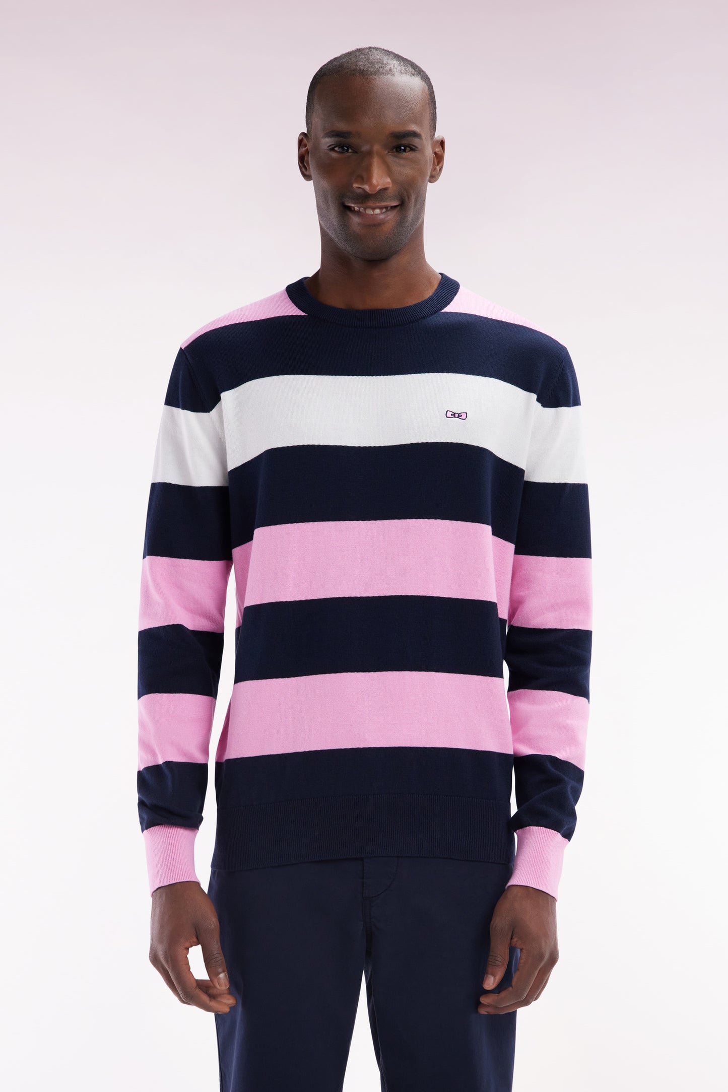 Round collar striped jumper in pink and white cotton