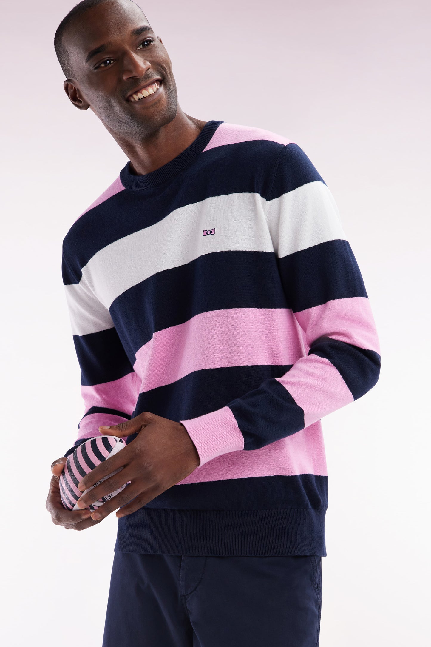 Round collar striped jumper in pink and white cotton