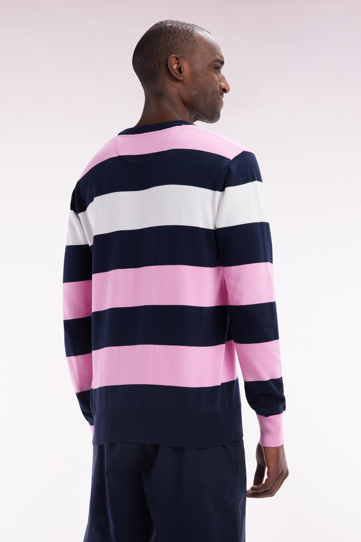 Round collar striped jumper in pink and white cotton