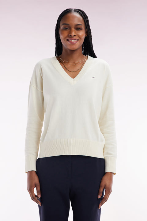 Pull col V en coton beige coupe décontractée - Image 3