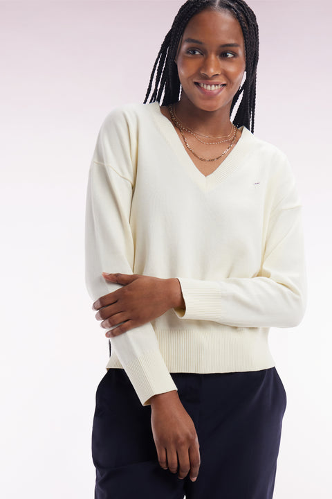 Pull col V en coton beige coupe décontractée - Image 1