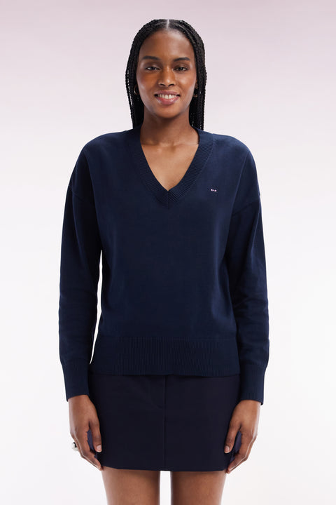 Pull col V en coton marine coupe décontractée - Image 3