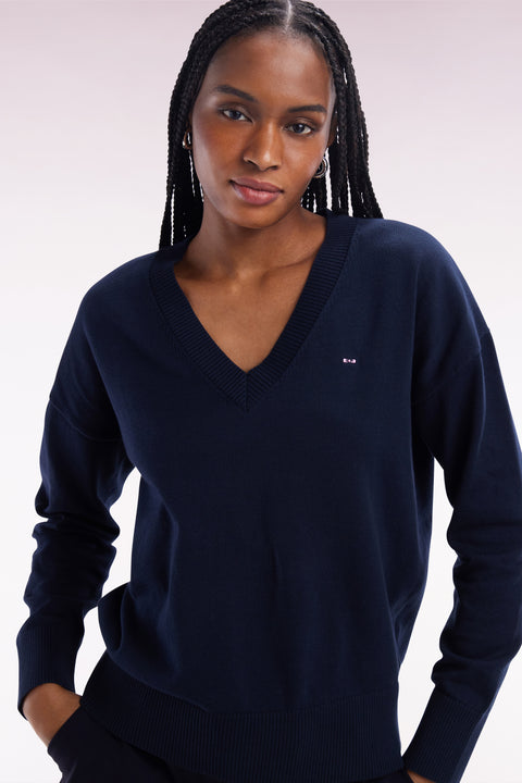 Pull col V en coton marine coupe décontractée - Image 1