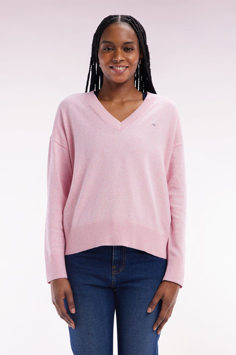 Pull col V en coton rose coupe décontractée - Image 3