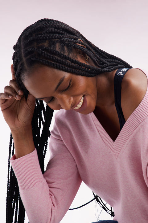 Pull col V en coton rose coupe décontractée - Image 1