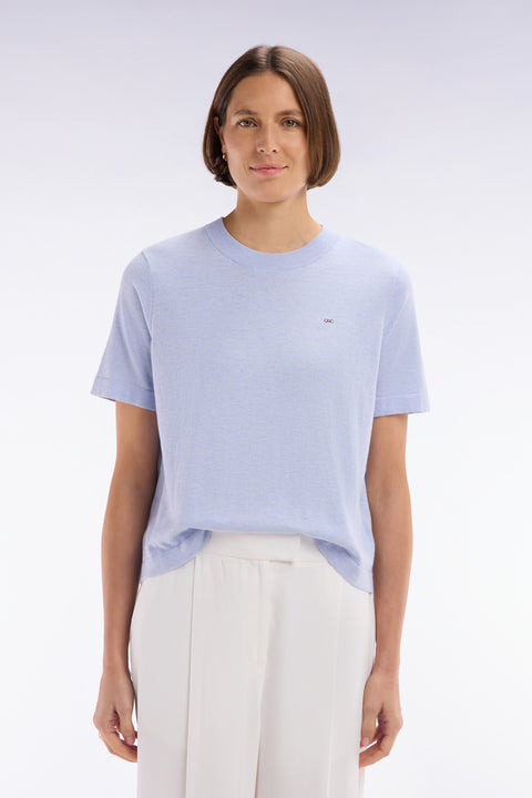 Pull fin à manches courtes et col rond en coton et soie mélangés gris coupe décontractée - Image 3