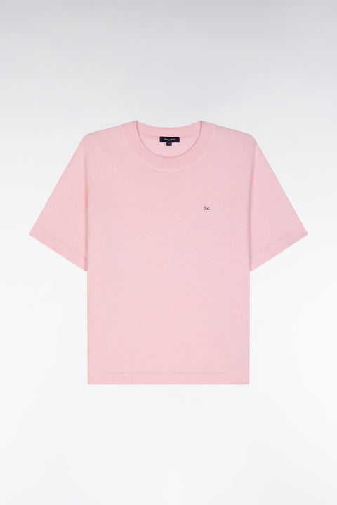 Pull fin à manches courtes et col rond en coton et soie mélangés rose coupe décontractée - Image 2